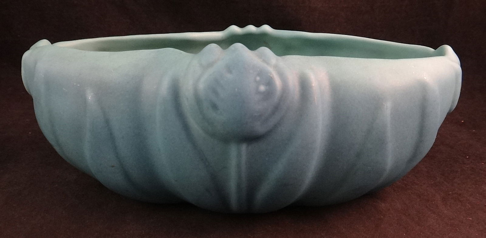 Mid-c. Van Briggle Pottery Lotus Bowl, Ming Blue.: Mid-cent. Van Briggle Pottery Lotus Bowl with original frog in a mat, Ming Blue. Both signed on bottom. Bowl measures 8 ½” x 5 ¼” x 3 ¼” tall. Frog is 4”