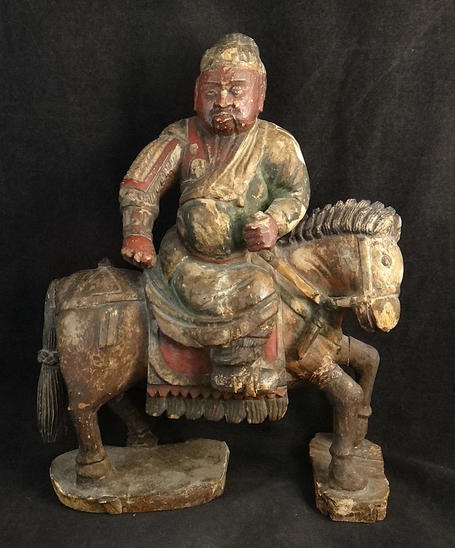 Antique Chinese Carved & Painted Wood Warrior Figure on Horseback: Antique Chinese Carved & Painted Wood Warrior Figure on Horseback in Red & Green with Black trim. Ming Style of Carving & Colores, probably period – 17th cent. 13” tall x 10” wide x 4&rd