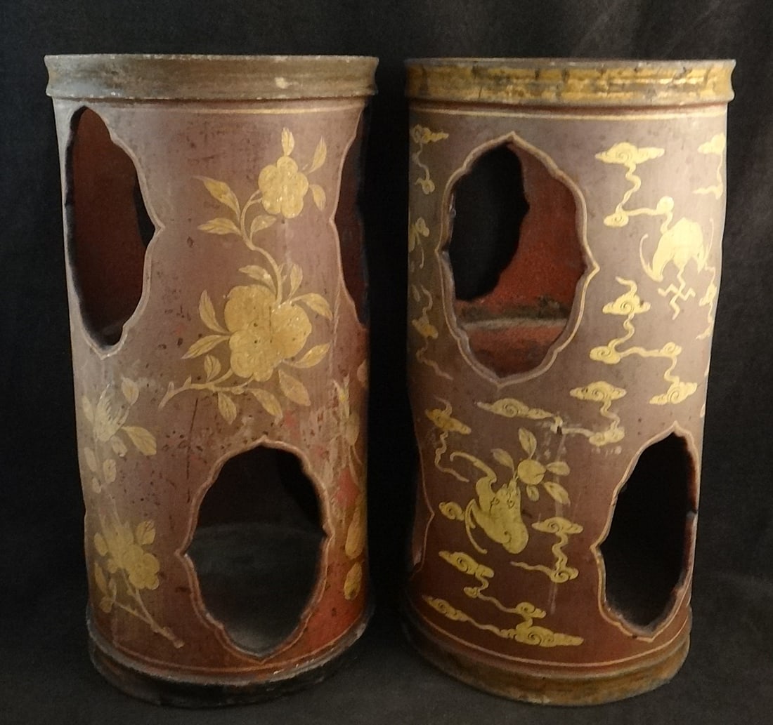 Pr. Antique Chinese Gessoed & Painted Paper Mache Hat Stands: Pair of Rare Antique Chinese Gessoed & Painted Paper Mache Hat Stands with typical pierced sides. Finely painted in red with 23k gold bats amid clouds. 19th cent. Qing Dynasty. 10 ½” tall