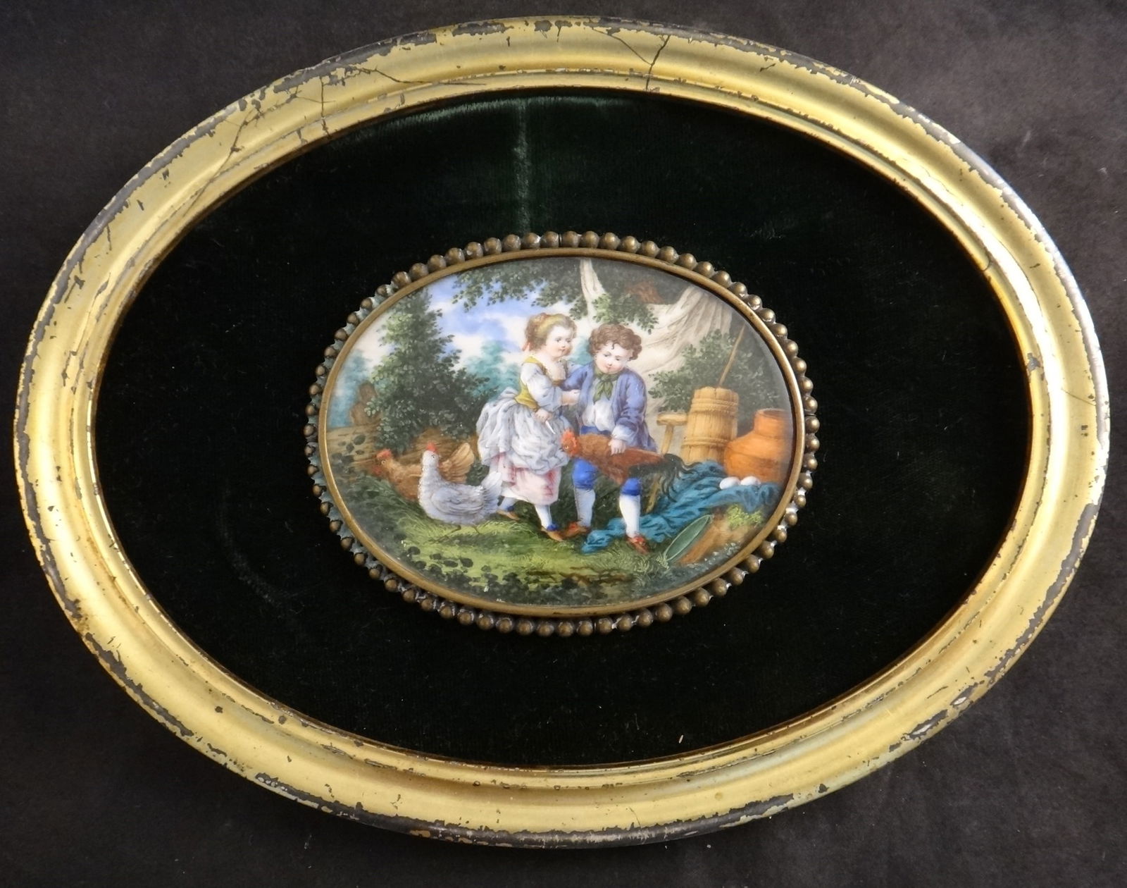 Antique French Miniature Painting - 2 Children in an Outdoor Scene: Antique French Hand Painted Miniature Painting with 2 Children in an outdoor scene with 2 chickens. 3 ¼” x 2 ¾”. On velvet backing and gold-leafed wood frame, 8 ¾&rdqu