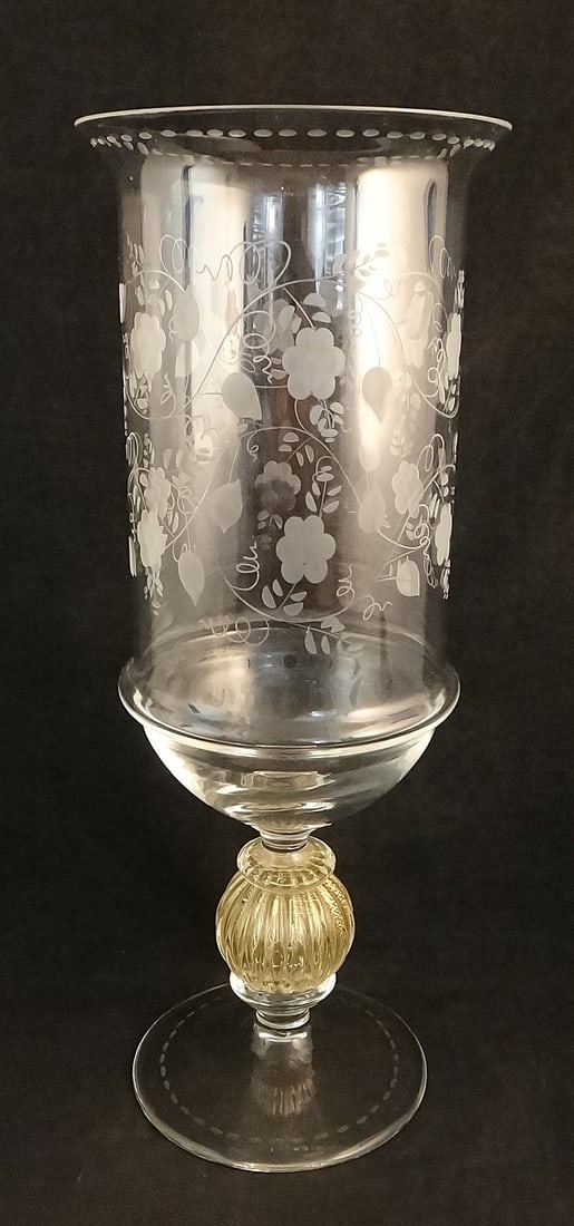 Vintage Murano Glass Signed Footed Flower Vase w/Etched Flower Design: Vintage Murano Glass Footed Flower Vase with Finley Etched Flower, Leaf & Vine Design & 24k gold flakes in the fluted column. Signed (Etched) Giovanni Cenedese on base. Mid -20th cent. 15” tall,