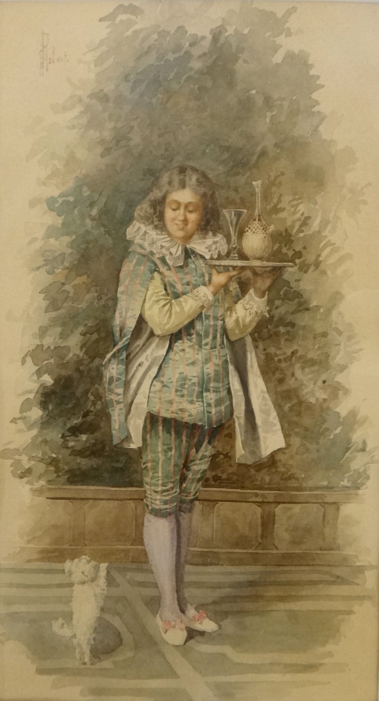 Antique Italian Watercolor of a Servant & Dog: Little Begger.: Antique Italian Watercolor of a Servant & Dog: Little Begger. 11” x 6”. Frame is 19 ¼” x 16 ¼”.