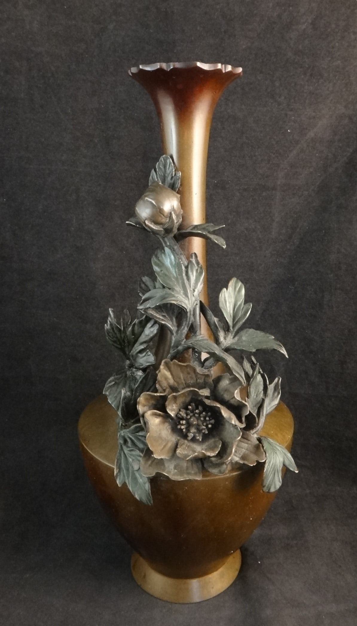 Antique Japanese Bronze Vase with applied floral decorations: Antique Japanese Bronze Vase with applied floral decorations. 12 ½” tall x 5 ¼” wide. Circa 1st half 20th C.