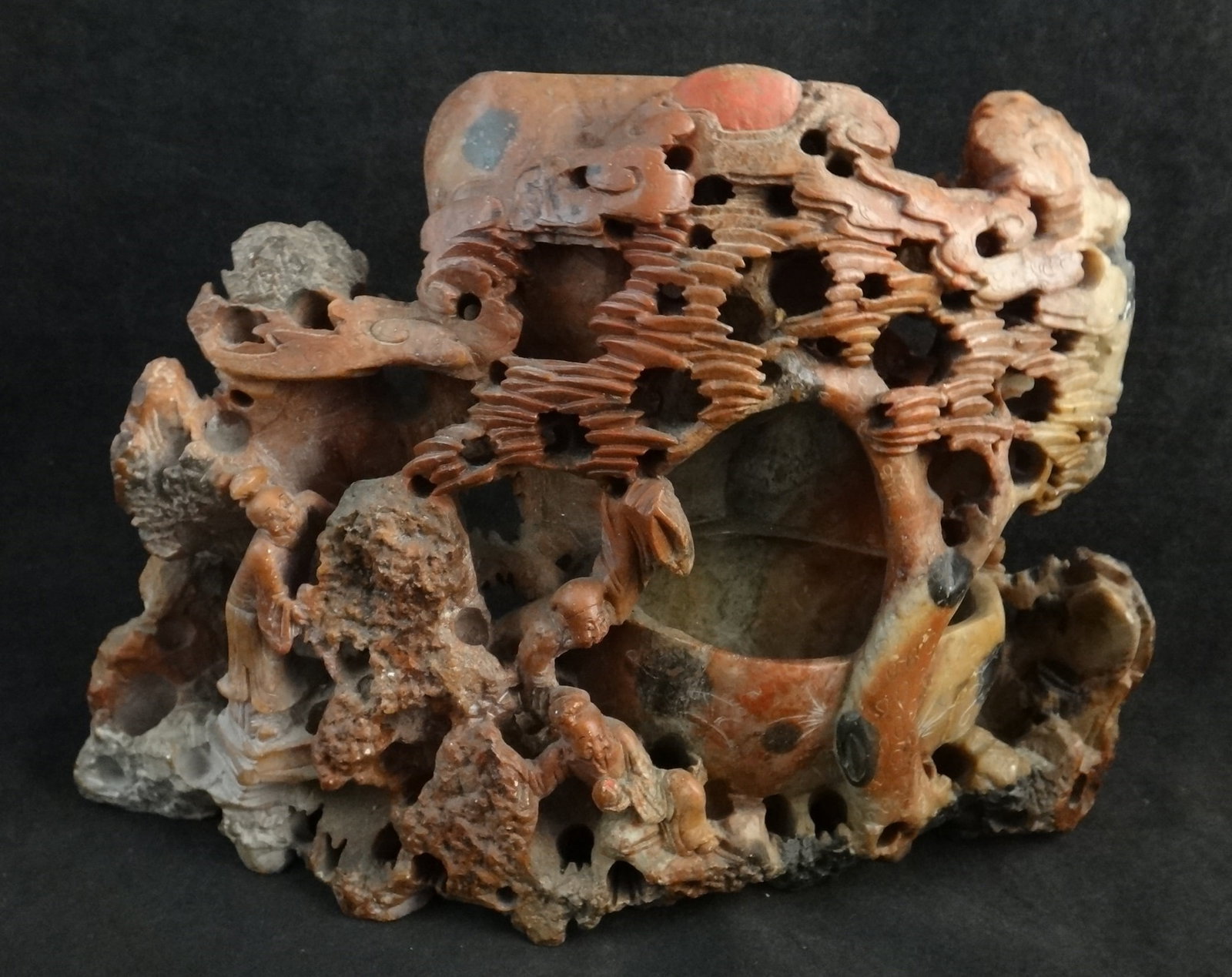 Antique Chinese Carved Stone Sculpture Vase.: Antique Chinese Carved Stone Sculpture Vase. Features 3 people in a mountain setting with clouds, trees & sun above. Qing dynasty – circa 1860-1912. Measures approx. 9 ¾” wide x 6 &frac