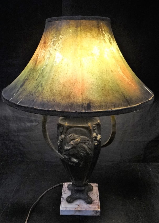Antique French Art Nouveau Metal Lamp w/Large Lion & Floral.: Exceptional Antique French Art Nouveau Patinaed Metal Lamp with Large Lion Head on one side & floral design on the other. Features Deco handles on 4 stylized lion paw feet, anchored to the original ma