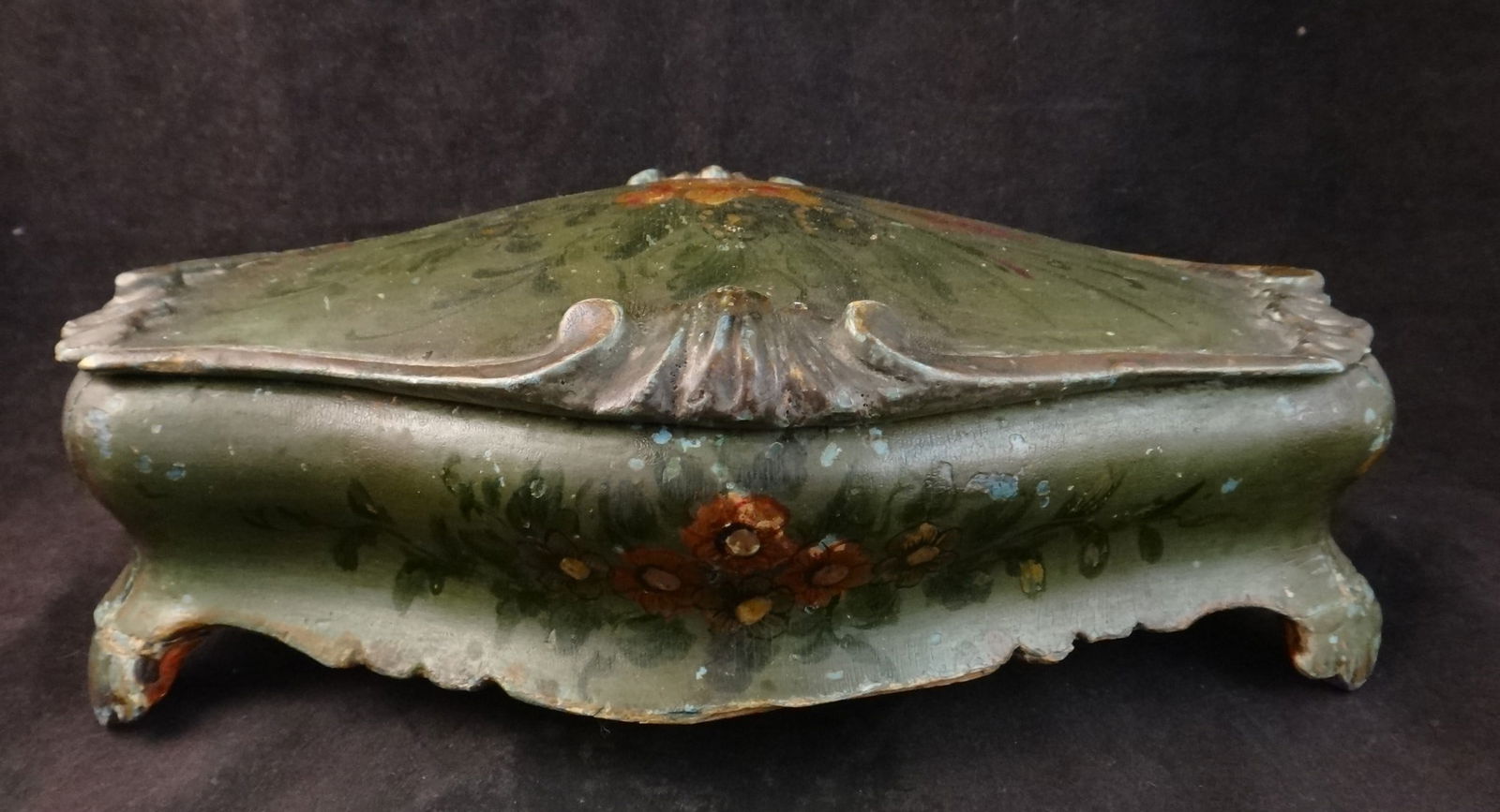19th c. Venetian HP Shaped Box floral designs: 19th cent. Venetian Hand Painted Shaped Box on scroll feet wet painted floral designs & coral colored interior. 10 ½” wide x 6 ½” deep x 3” tall.