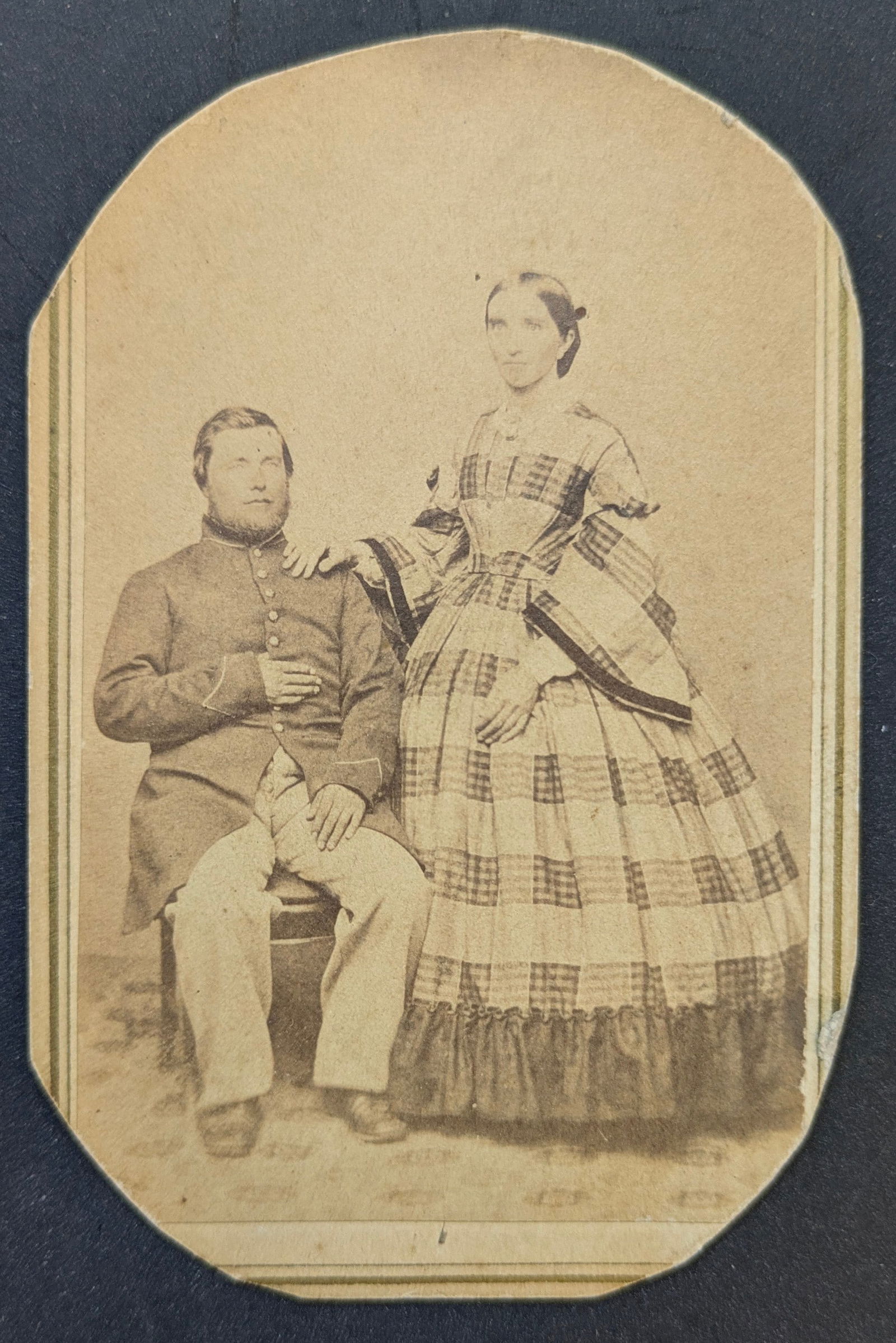 1860’s CDV Photo of a Union Solder in Uniform & Wife: 1860’s CDV Photo of a Union Solder in Uniform & Wife. 12th R.J. Regiment Providence R.I. Identified as Mr. & Mrs. William Alhase via old pencil writing w/ later ink over writing on back. 3 ¾&