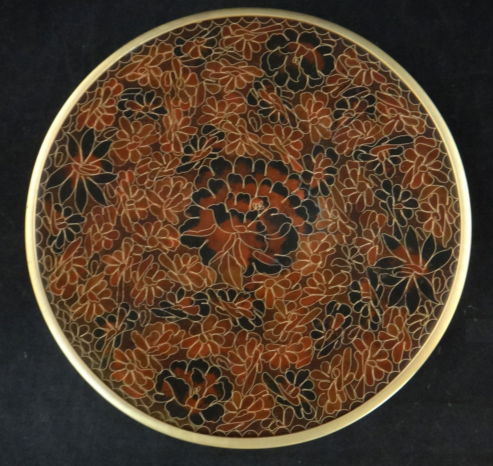 Antique Japanese Cloisonné Plate w/Gilt Copper Wires & Rim: Antique Japanese Cloisonné Plate with Gilt Copper Wires & Rim, shaded brown flower design. 10” dia.. Meiji Period (1868-1912).
