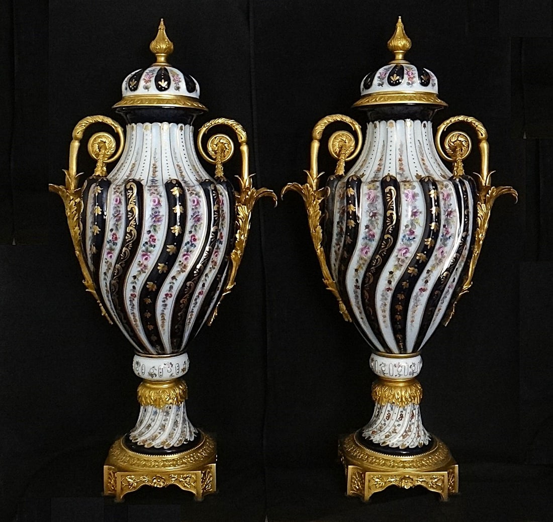 Pr. Vintage German (Dresden?) Monumental Size HP Porcelain Vases: Pair of Vintage German (Dresden?) Monumental Size Hand Painted Porcelain Vases in Beautiful Floral Designs with Cobalt Blue & 23k Gold trim. Gilt Bronze Mounts. Very Impressive. 32” tall x 16&rd