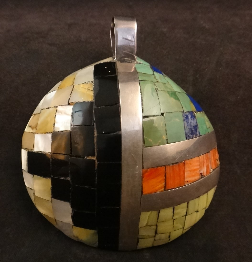 Vtg. Mary Coriz Lovato Sterling Turquoise, Shell & Onyx Pendant.: Vintage Mary Coriz Lovato (1936-2024) Sterling Turquoise, Shell & Onyx Pendant. Award winning Santo Domingo Jewelry Artist specializing in stone mosaic inlaid into shells. This pendant features Sterli