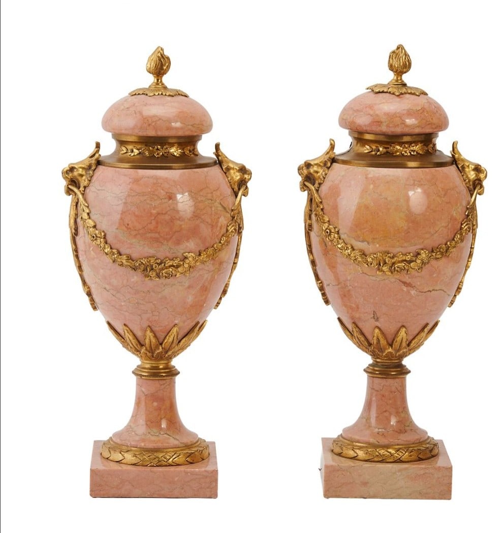 Pr. European Neoclassical pink marble urns (1 of 5)