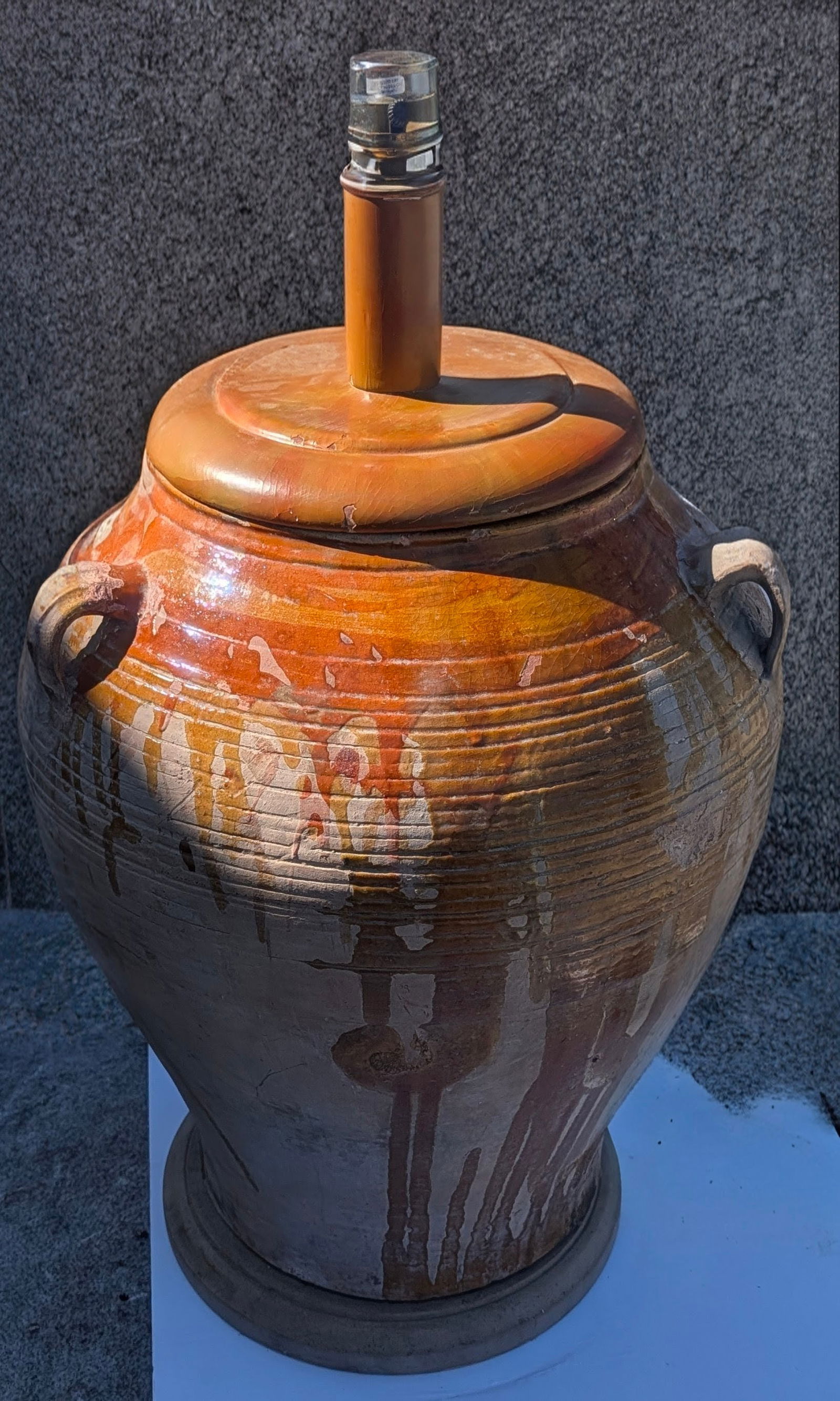 Lg. 19th c. French Provence Pottery Storage Jar w/3 Loop Handle: Large 19th C. French Provence Pottery Storage Jar with 3 Loop Handle and a Typical Yellow & Ochre Colored Glaze. Probably for Olive Oil. Now a lamp. 31" tall overall. 22" tall jar x 19" diameter. In g