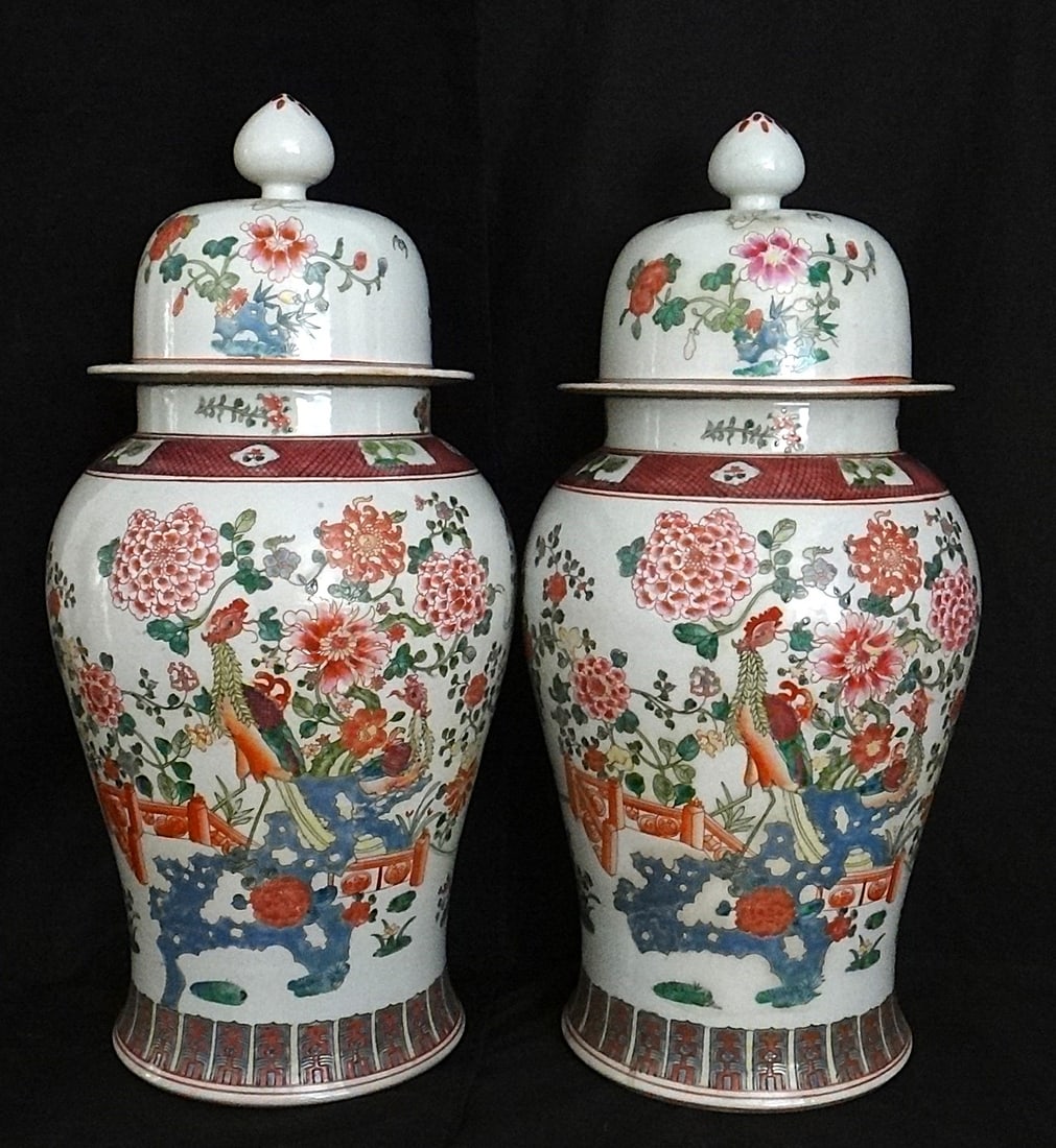 Pr. Lg. Antique Chinese Porcelain Covered Vases – Floral w/Phoenix & Peonies.: Pair of Large Antique Chinese Porcelain Covered Vases – Floral motifs with Phoenix & Peonies. 19th cent. Kangxi mark on the bottoms. Measure 25" 1/8” tall w/ cover. 11" ½” dia.