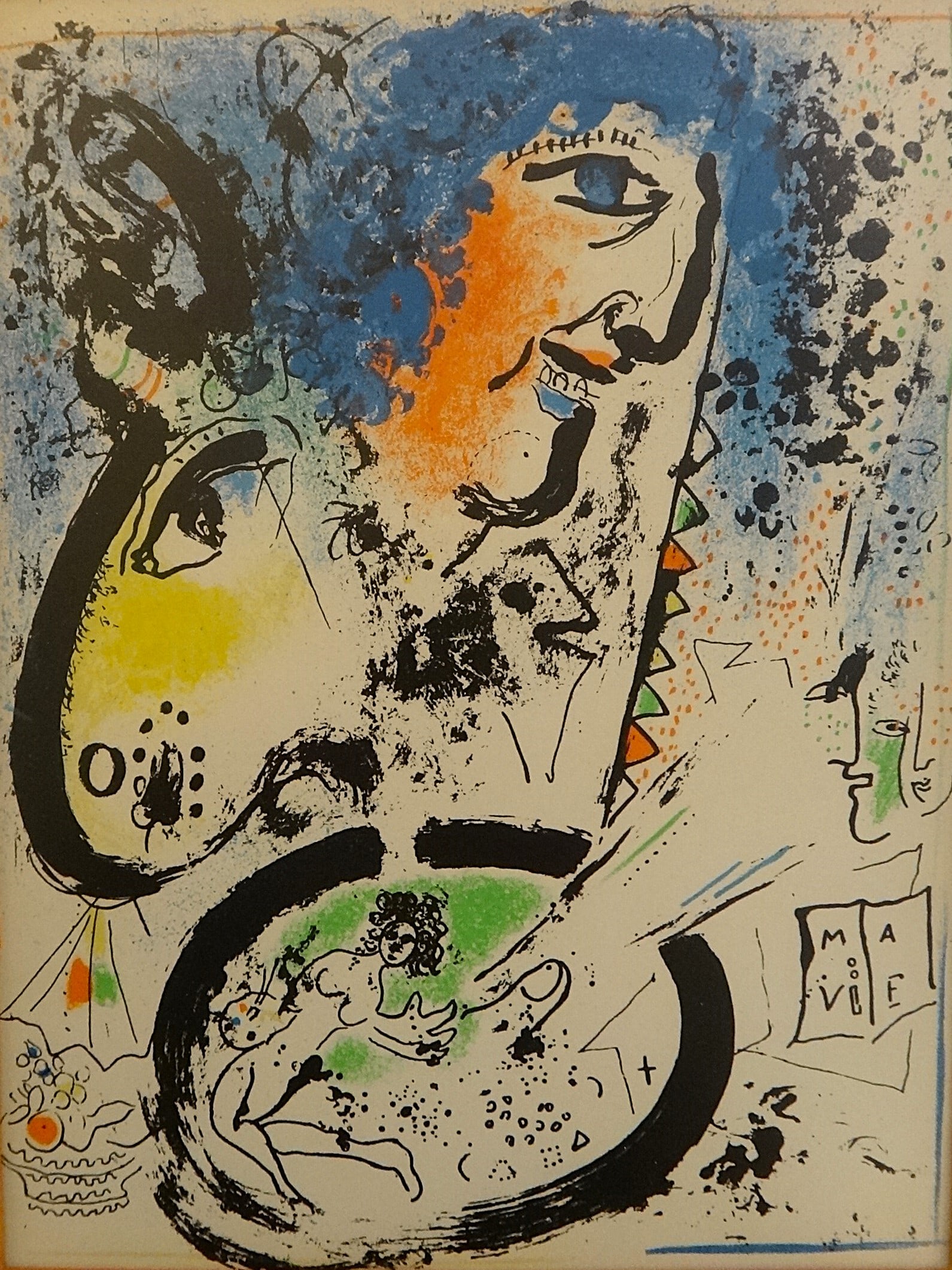 Original Marc Chagall 1960 Self-Portrait Colored Lithograph: Original Marc Chagall 1960 Self-Portrait Colored Lithograph with Goat. frontispiece for Chagall Lithographs, Vol. I - Mourlot Paris. Print shown measures 12 ¼” x 9 ¼”. Gold t