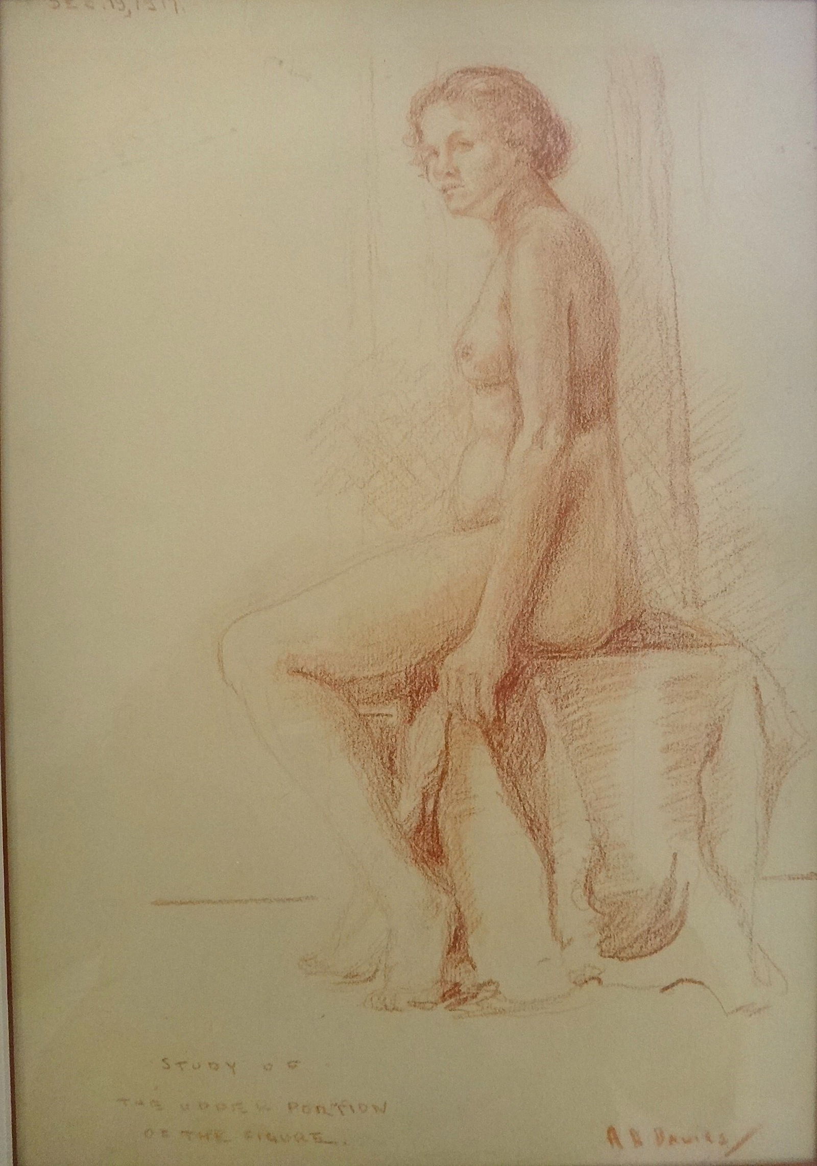 Arthur Bowen Davies Conte’ Crayon - Seated Nude Female. Signed, 1917: Arthur Bowen Davies (1862-1928) Conte’ Crayon of a Seated Nude Female. Dated Dec. 19, 1917, Signed lower right. Written: Study of the upper portion of the figure. Paper measures 14 ½” x