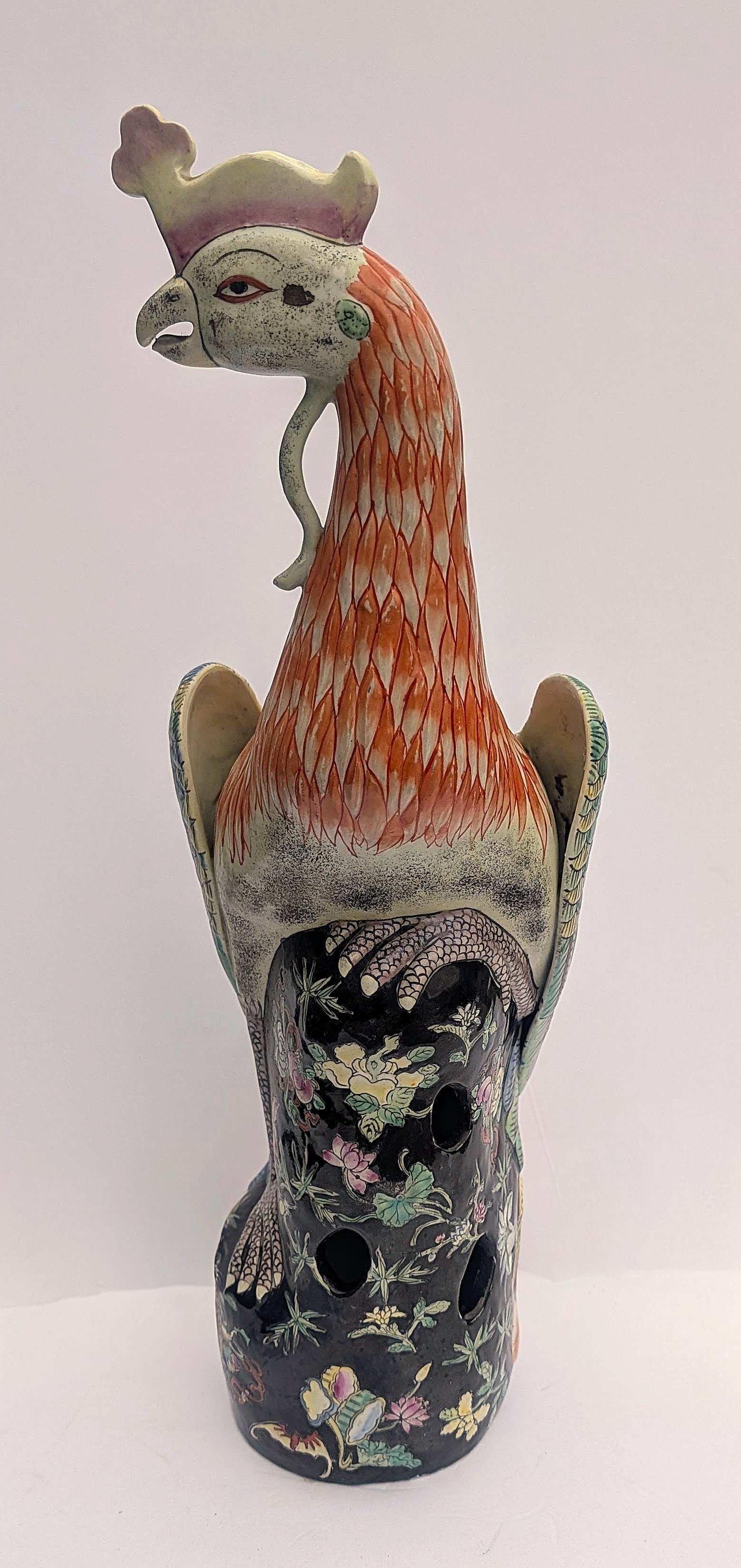 Large Antique Chinese HP Porcelain Phoenix Bird: Large Antique Chinese Hand Painted Porcelain Phoenix Bird on a Floral Rock Form Pierced Base. Circa 1880-1908. Qing Dynasty - Guangxu period. 18.75 " tall x 5" diameter base.