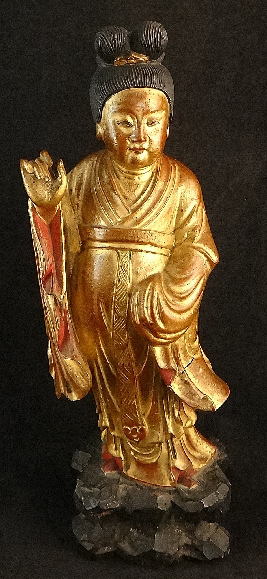 18th-19th c. Chinese carved, painted & gold leafed figure of Quanyin: Very Fine 18th-19th cent. Chinese carved, painted & gold leafed figure of Quanyin on a rock form base. Carved secret chamber inside the body, not opened. 13” tall x 4” wide x 3 ½&rd