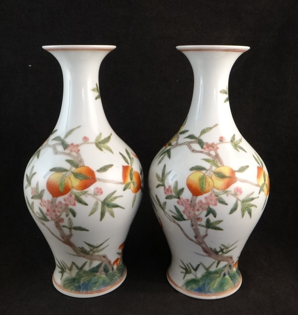 Pair of Antique Chinese Famille Rose Porcelain Vases: Pair of Antique Chinese Famille Rose Porcelain Vases with a finely painted design of peaches in trees with red bats, bamboo & fungi. Yongzheng mark on the bottoms, 18th/19th cent, possibly republic pe