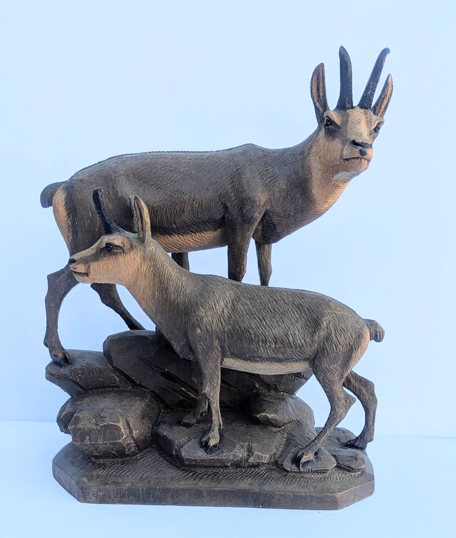 Large Antique Black Forest Wood Carving of 2 Chamois: Large Antique Black Forest Wood Carving of 2 Chamois with - Glass Eyes- on a rocky form hill. Circa 1890’s - Austrian – attributed to Ernst Heissl (1829-1899). Measures 10” tall x 8 ¼