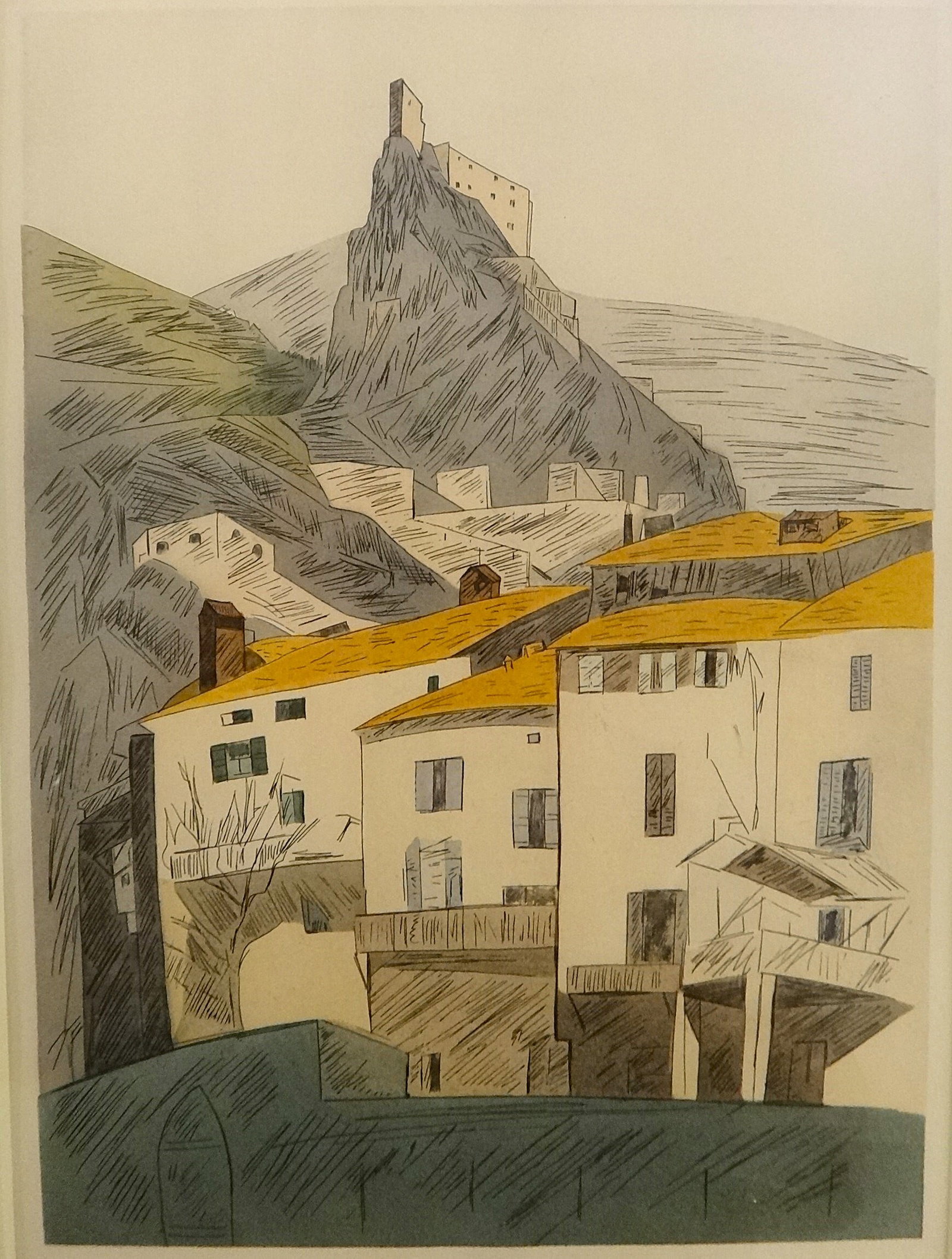 Augusta Payne Rathbone Colored Aquatint Etching Bookplate – Entrevaux,: Augusta Payne Rathbone (1887-1990) Colored Aquatint Etching Bookplate – Entrevaux, French Riviera. Partial view of a village of Roquebrune with castle in the distance from a series of French Rivera