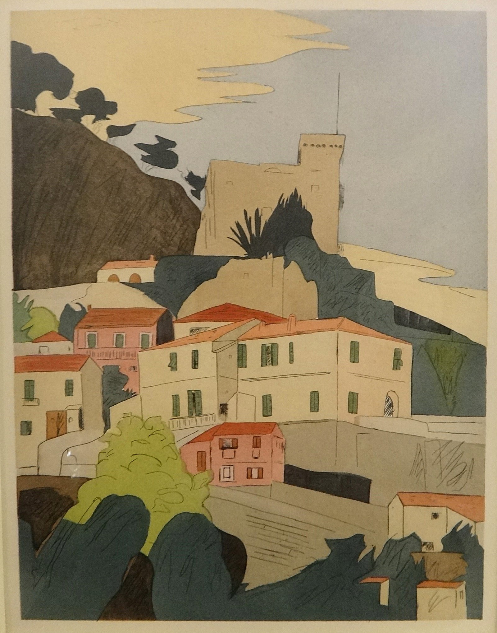 Augusta Payne Rathbone Colored Aquatint Etching Bookplate – Roquebrune: Augusta Payne Rathbone (1887-1990) Colored Aquatint Etching Bookplate – Roquebrune, French Riviera. View of a village of Roquebrune with castle in the distance. Old gallery tag on the back. Aquatint