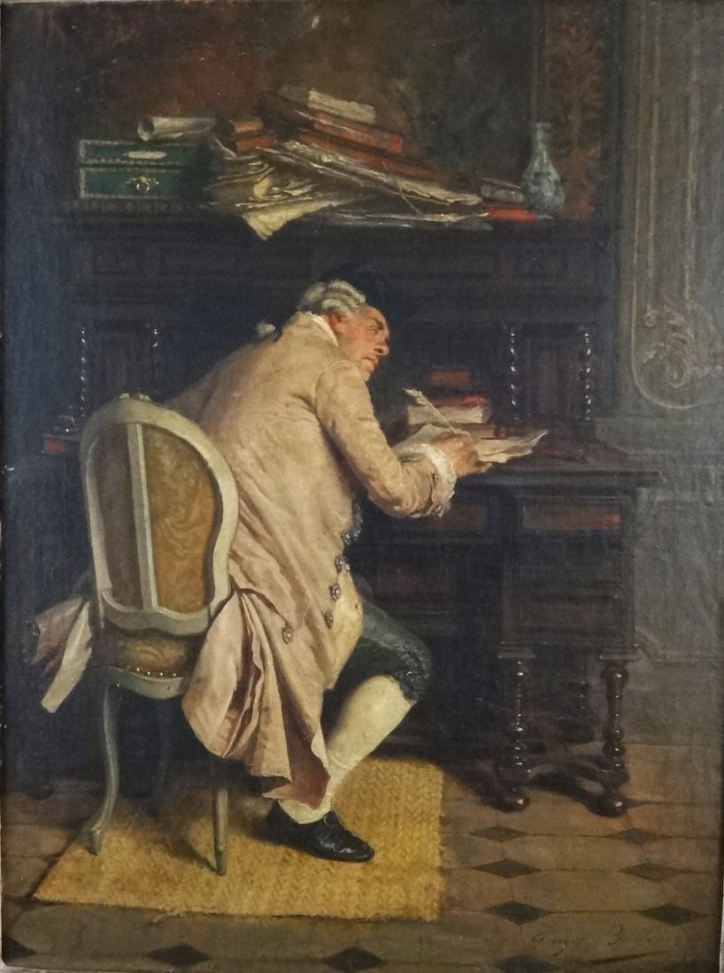 Original Signed Louis Georges Brillouin Oil Painting - letter of introduction: Original Signed Louis Georges Brillouin (French - 1817-1893) Oil on Canvas of a Gentleman in 18th cent. attire at his desk writing a letter of introduction. Signed Lower right. Circa 1860. Painting si