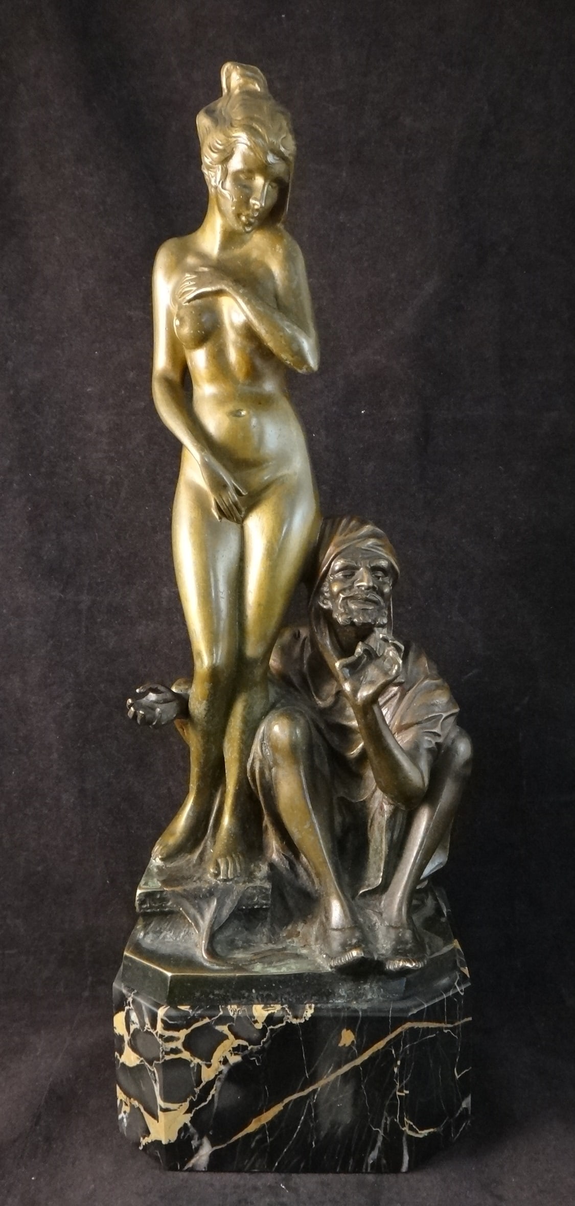 1930’s Austrian Bronze -The Slave Trader -by Bruno Zack.: 1930’s Austrian Bronze “the Slave Trader” by Bruno Zack. Nude woman & Arab man on a marble base. 14 ½” tall, marble base is approx. 5” x 4”. Unsigned.