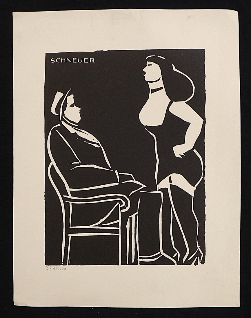 David Schneuer LE Linocut or Serigraph of a Seated Man & Standing Woman: David Schneuer (1905-1988) Limited Edition Linocut or Serigraph of a Seated Man in a Chair & Scantily Clad Woman in front of him. Titled: In Conversation, Circa 1980’s/ LE # 564/1000. Print