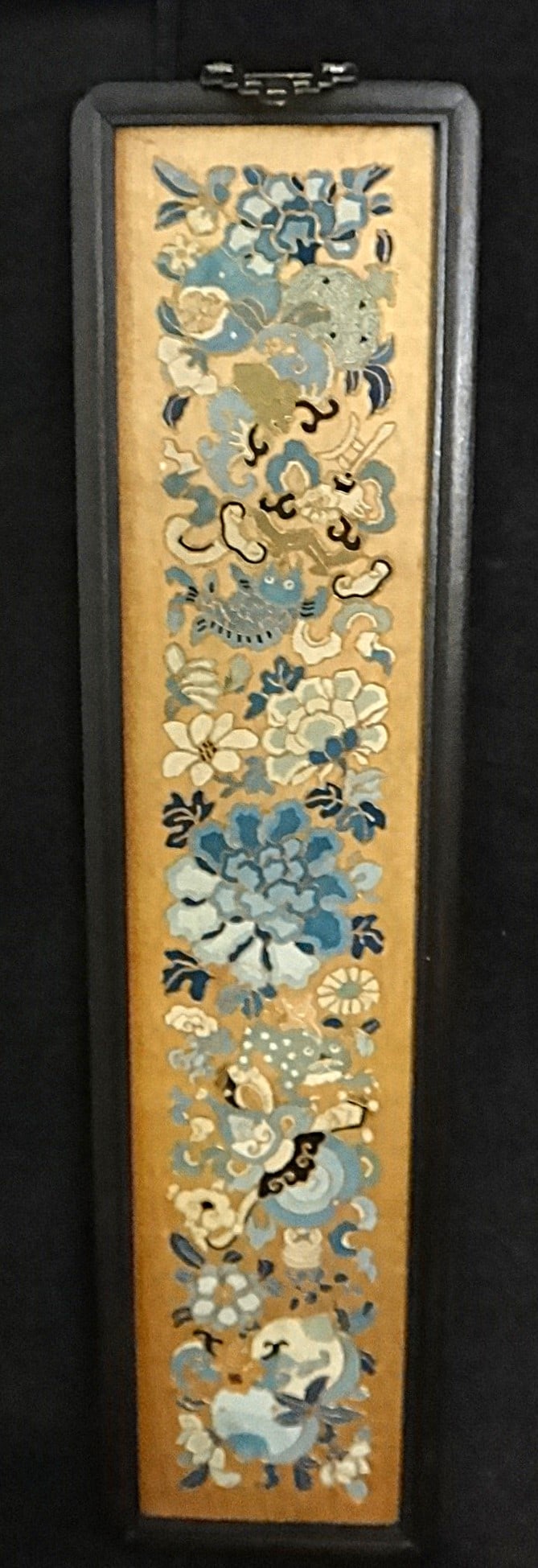 Antique Chinese Silk Embroidery on Silk w/Forbidden stitch: Antique Chinese Silk Embroidery on Silk. Features a Frog, Bat & Fish amid floral designs, precious objects & fruit in forbidden stitch with 23k gold wrapped thread outlines on a gold silk backing.