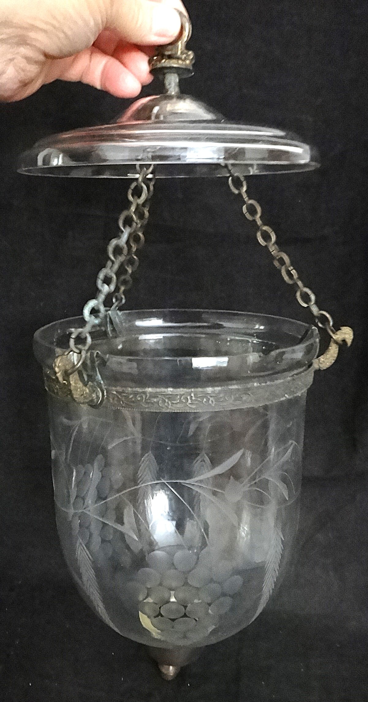 Antique Blown Glass Hanging Lamp with Floral Bronze Band (1 of 9)