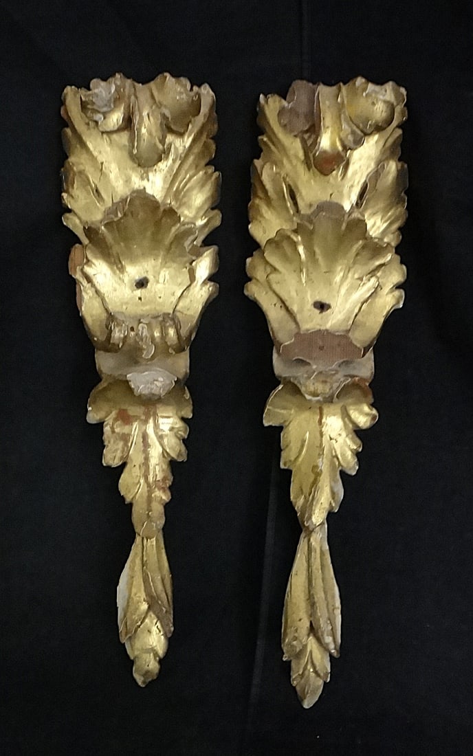 Pr. 18th cent. Italian Gold-Leafed Carved Wood Church Ornaments.: Pair of 18th cent. Italian Gold-Leafed Carved Wood Church Ornaments. Measures approx. 19 ¼” & 18 ¾” tall x 5” wide.