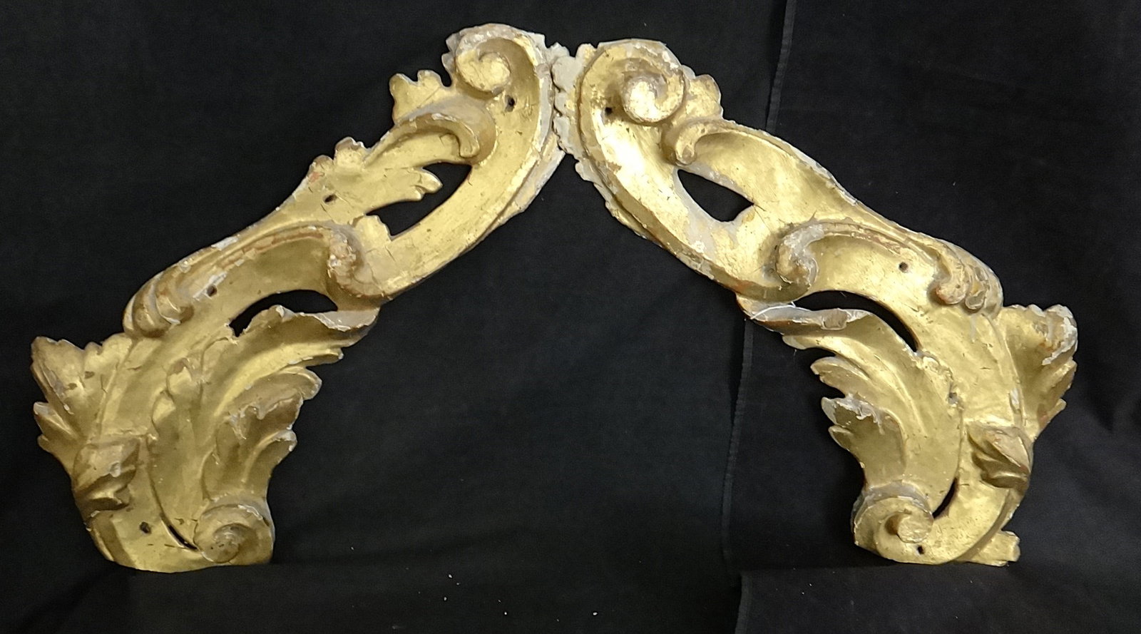 Pr. 18th cent. Italian Gold-Leafed Carved Wood Church Ornaments.: Pair of 18th cent. Italian Gold-Leafed Carved Wood Church Ornaments. Measures approx. 19 ¼ t. x 9”w & 20 ¼” t. x 9 ¼” w.