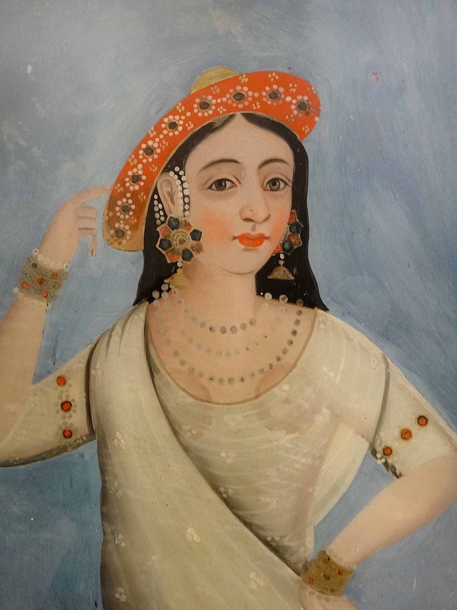 Antique India Reverse Painting on Glass of a Woman in Shear Blouse. (1 of 6)