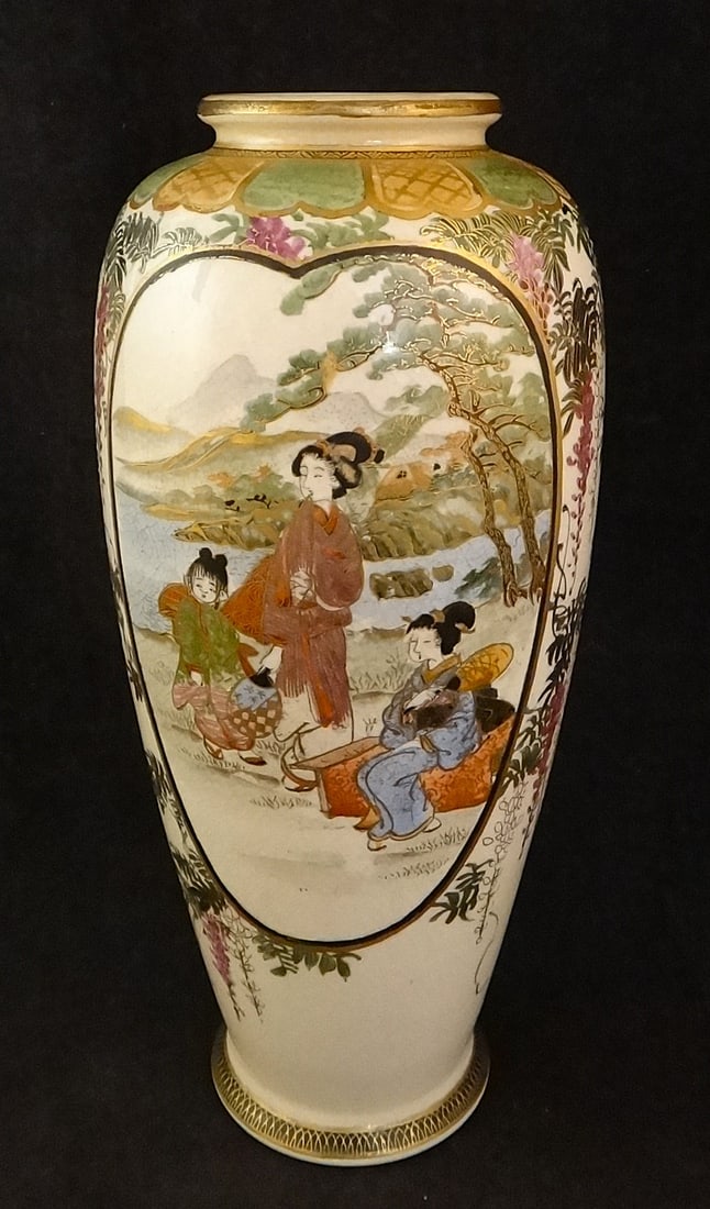 Antique Japanese Satsuma Pottery Vase w/3 woman & child: Antique Japanese Satsuma Pottery Vase with finely painted scene of 3 woman & a child by a lake with mountains in the distance. All surrounded by hand painted wisteria plants with purple flowers & 23k