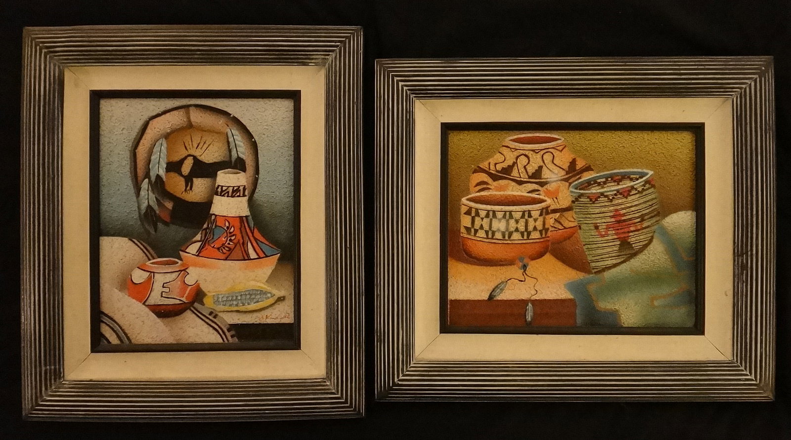 Pr. Vintage Southwest Sand Paintings on wood panels- everyday Indian Objects. (1 of 8)