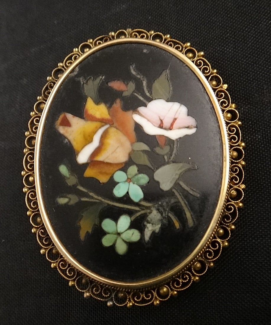 Antique Italian Petra Dura finely inlaid Stone Pin (1 of 3)