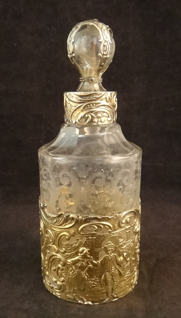 Antique French European Fine Silver Overlay & Cut Crystal Perfume.: Antique French European Fine Silver Overlay & Cut Crystal Perfume. The gilt repousse silver is in the 18th cent style with 2 Man & Woman courting scenes amid stone walls & floral with C scroll motifs.