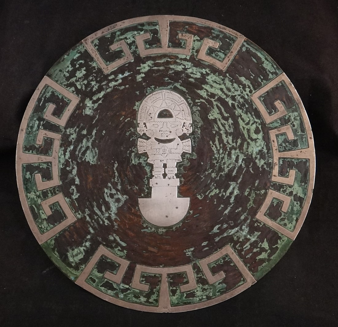 Mid 20th. Peru Sterling Inlaid Copper Plate w/Inca God Handled Tumi in Sterling (1 of 4)