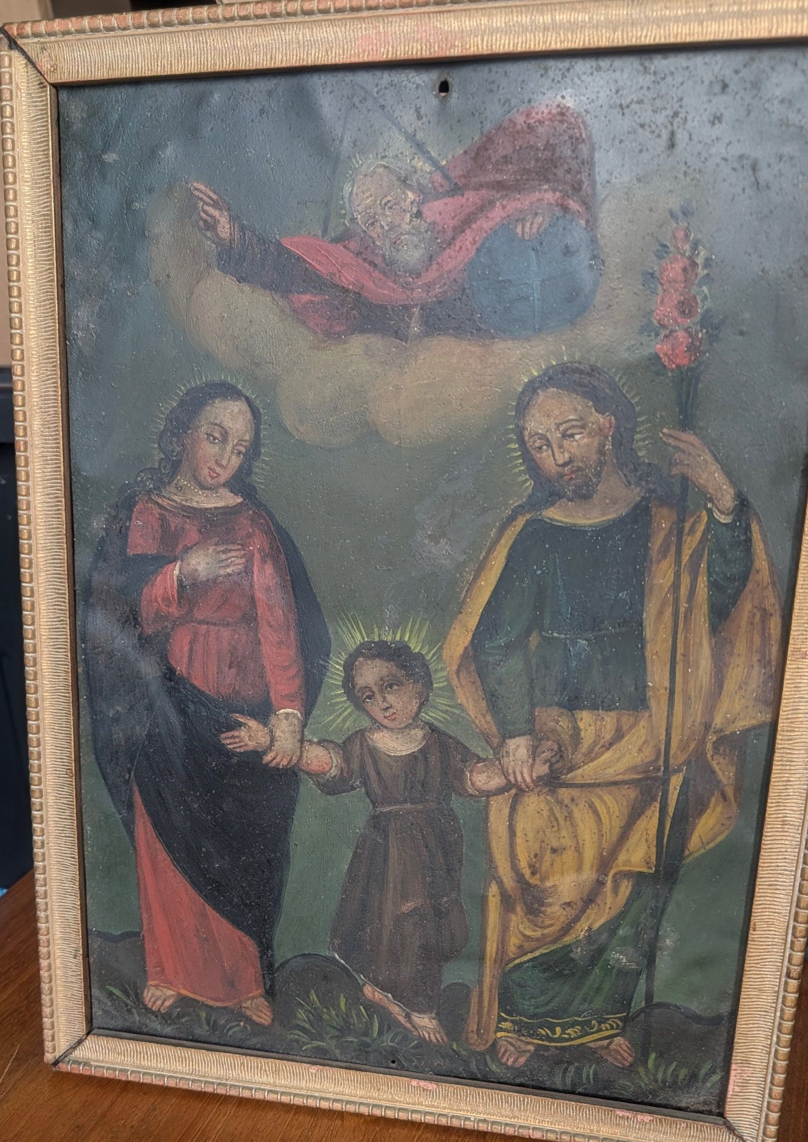 9th c. Mexican/Southwest Retablo Painting on Tin Sheet of Joseph, Mary & Baby Jesus & God (1 of 2)