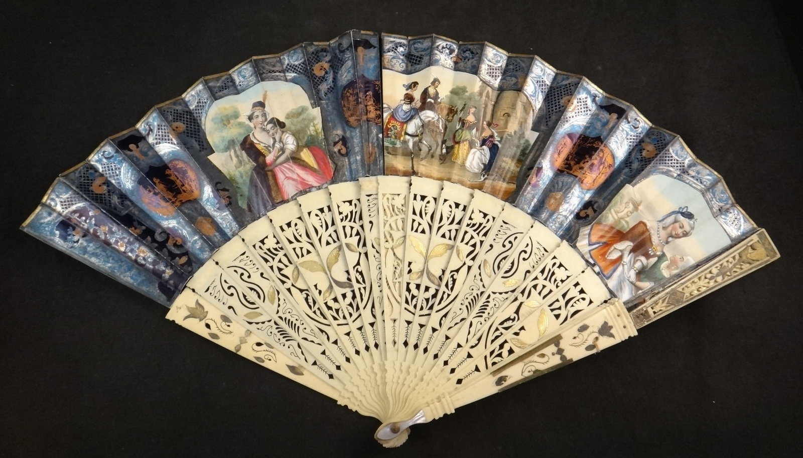 19th c. Italian Fan w/Carved & Pierced Bone Sticks &Lithograph Scenes (1 of 12)