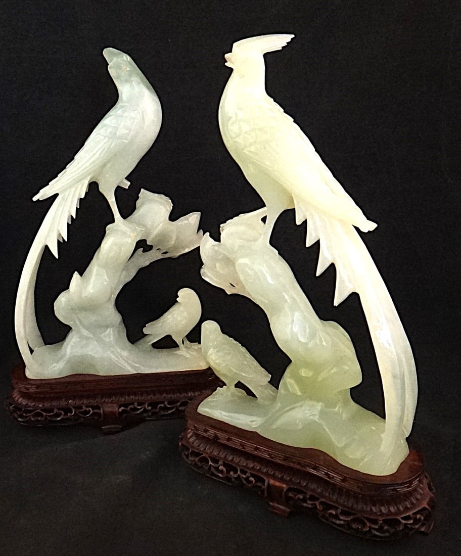 Pr. Vintage Chinese Carved Jade Birds on Carved & Pierced Rosewood Stands.: Pair of Vintage Chinese Carved Jade Birds on Carved & Pierced Rosewood Stands. Measures approx. 10 ½” tall, Base is 6 ½” x 2 ½”.