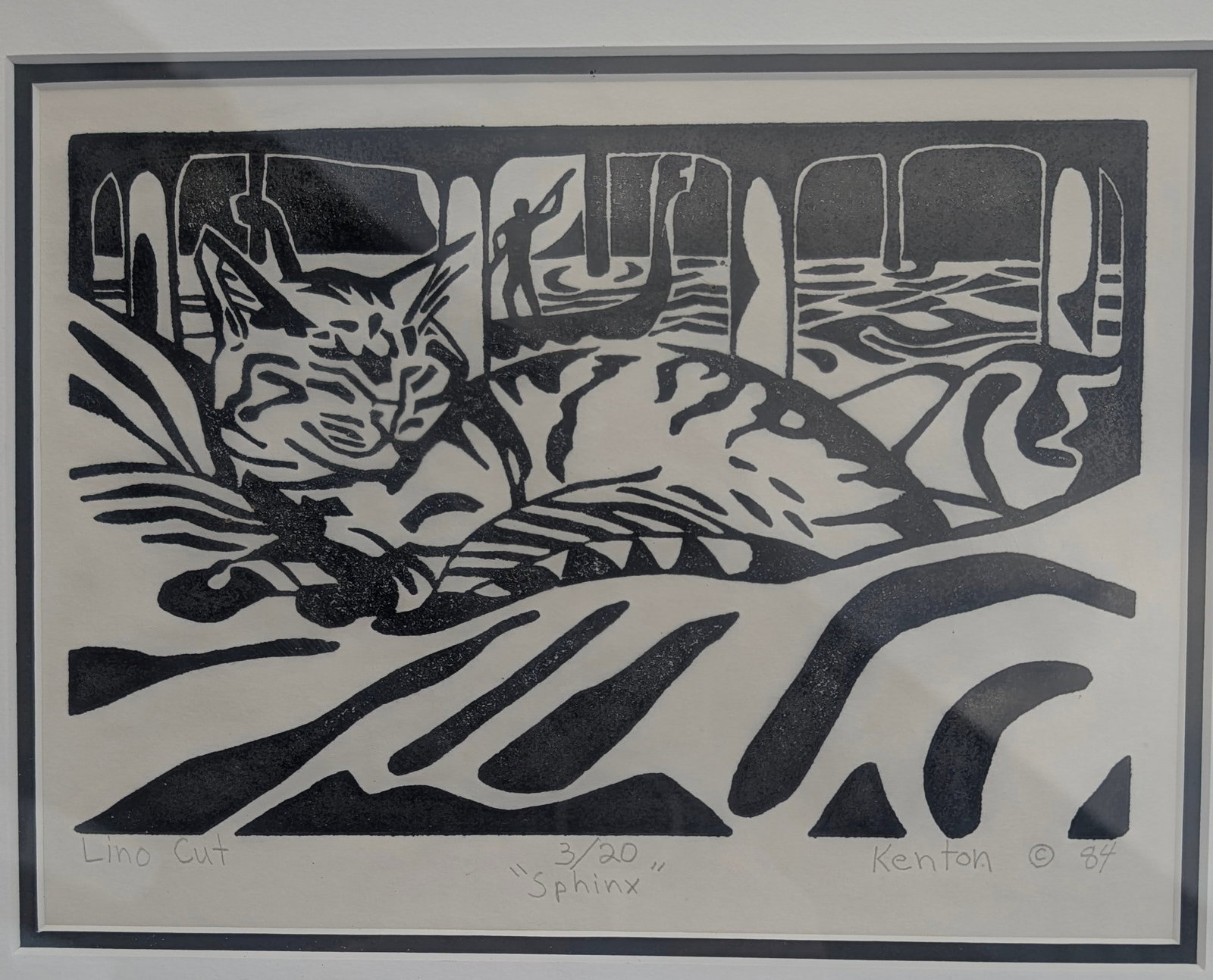 1984 Kenton Lino Cut Print of a Sleeping Cat (1 of 4)