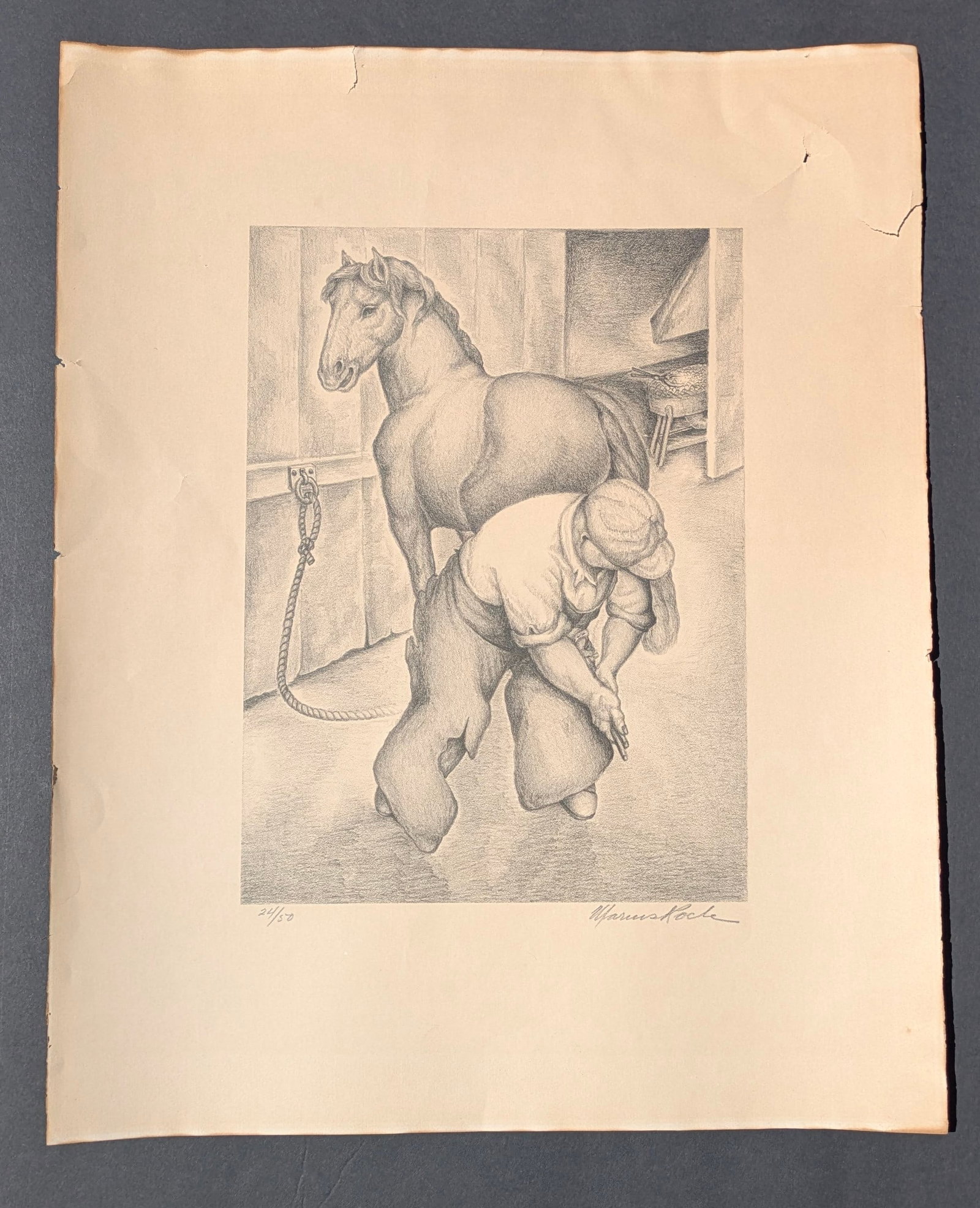 Vintage Marius Rocle Lithograph – Shorty Shoeing Silver.: Original Marius Rocle (1897-1967) Lithograph on Paper – Shorty Shoeing Silver. Circa mid-20th cent. Looks 1930’s WPA. Measures 20” x 16”. Never framed. The same lithograph by Rocle sol