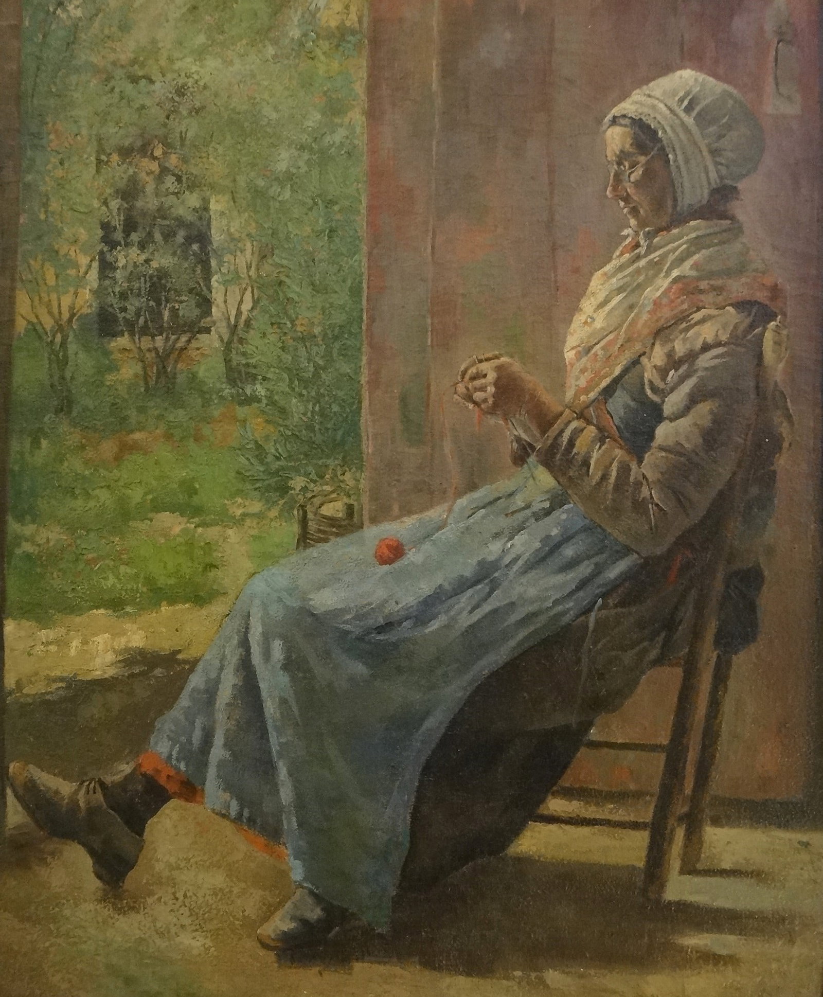 Large J. Ambrose Pritchard Oil - Woman knitting in chair: Large J. Ambrose Pritchard (1858-1905) Oil on Canvas of a woman knitting with the front door open. Late 19th cent. Painting shown measures 24 3/8” x 29 ¼”. Dutch gessoed & gilt wood