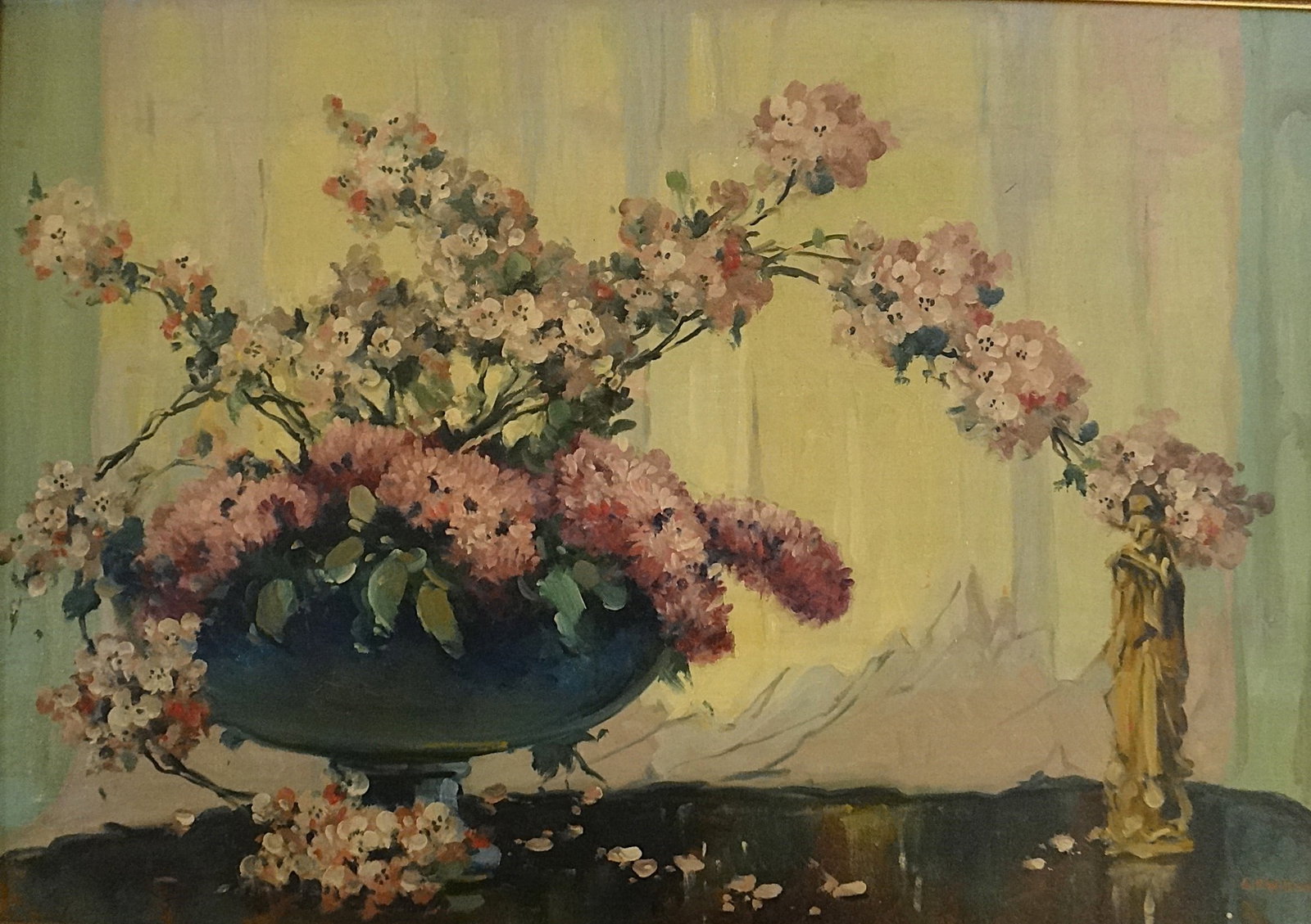 Large George H. Williams Oil – Still Life w/Sculpture of Quanyin: Large George H. Williams (1877-1964) Oil on Canvas Board of a still life with vase of flowers & sculpture of Quanyin. Signed lower right. Mid-20th cent. Painting shown measures 35 ½” x 23