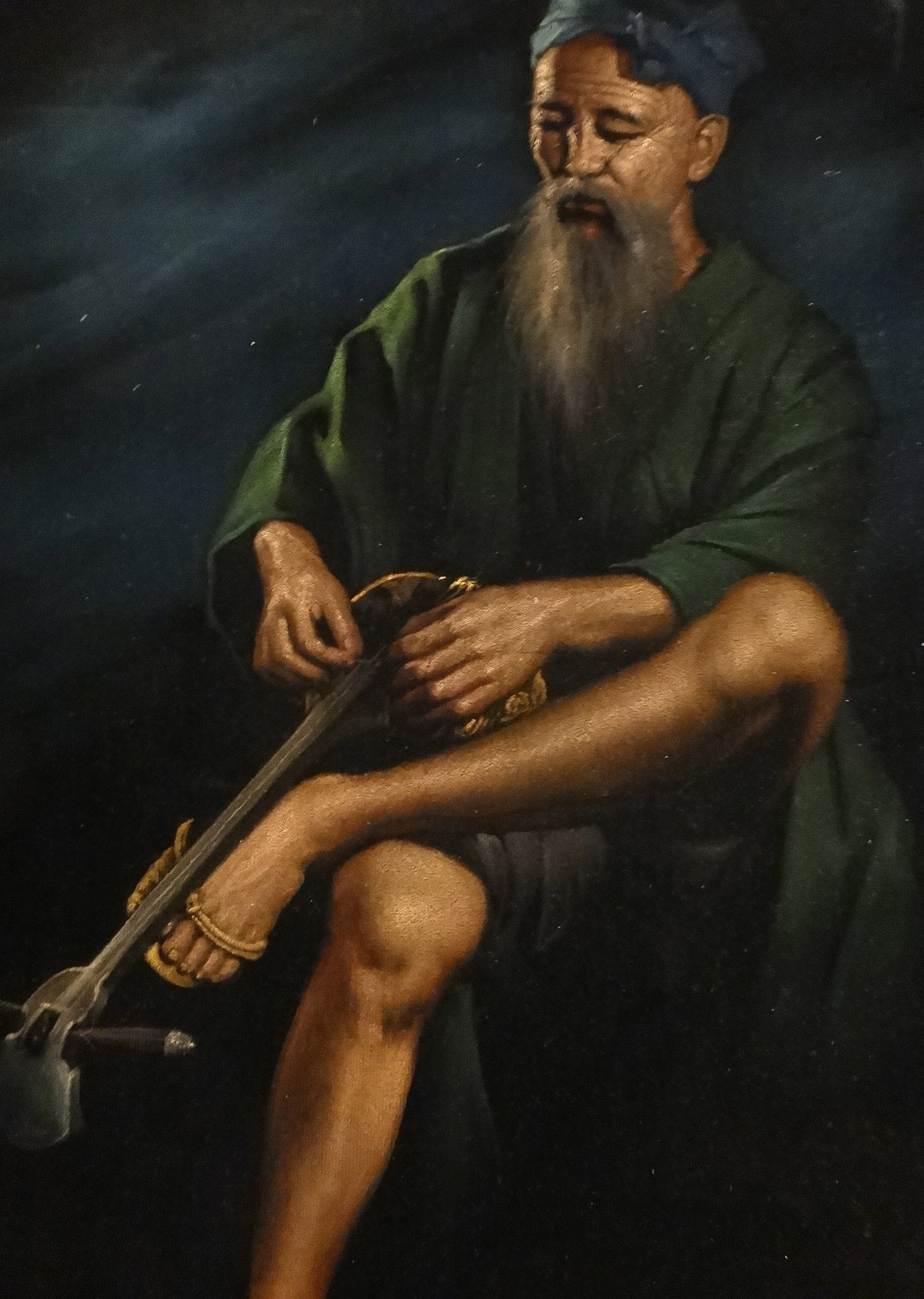 Original Oil Velvet by Chotai Yonaha - elder man w/a string instrument.: Original Oil Velvet by Chotai Yonaha (1933-2008) of an elder seated bearded man with a string musical instrument. Signed lower right & dated 65 (1965), with red seal. No frame. Measures 32 ¼&rd