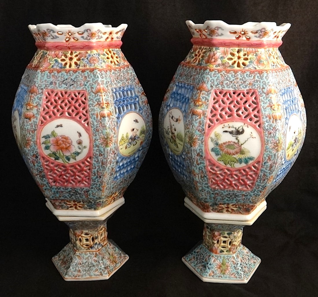Pr. Antique Chinese Porcelain Pierced Wedding Lanterns: Pair of Antique Chinese Porcelain Pierced Wedding Lanterns with Hand Painted Paneled Scenes of Children Playing, flowers, birds & butterflies. Surrounded by red bats, happiness symbols & floral motifs