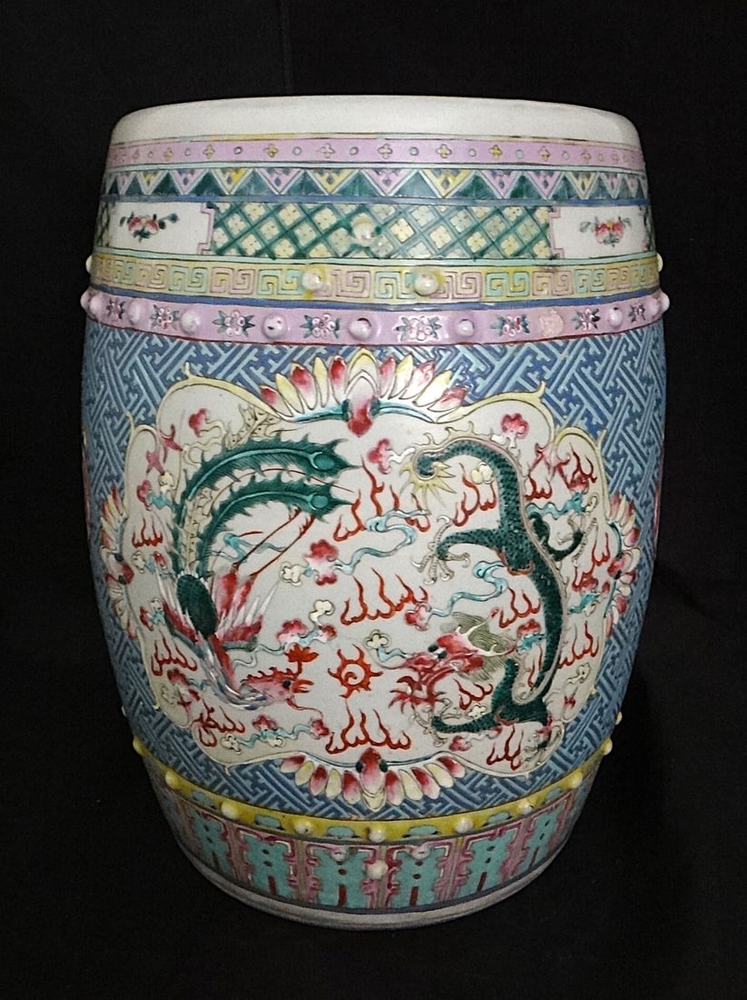 Antique Chinese Porcelain Famille Rose Garden Stool: Antique Chinese Porcelain Famille Rose Garden Stool with finely painted panel scenes on each side of a 5 clawed dragon & phoenix surrounded by a fret design & floral band. Guangxu Period (1875-1908). 