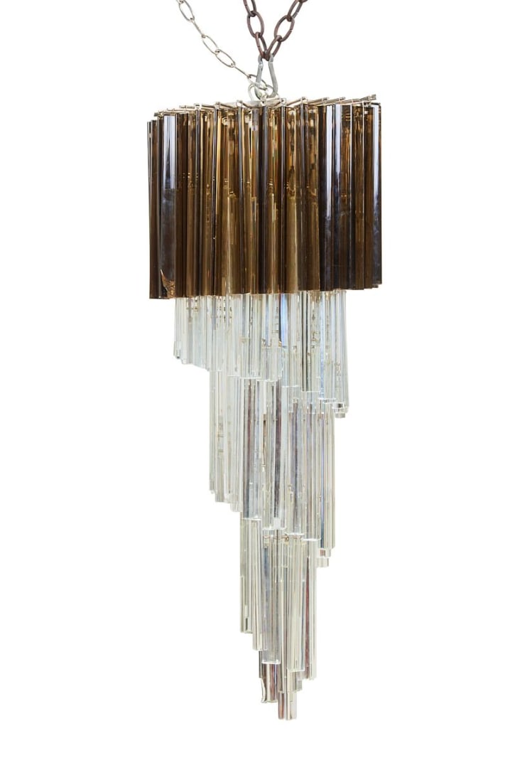 Mid-c. Italian Murano Cut Crystal Pendant Chandelier, Venini ?: Mid-cent. Italian Murano Cut Crystal Pendant Chandelier, attributed to Venini, eight lights with elongated prismatic smoky grey brown drops on the top section and clear pendant drops on the lower sect