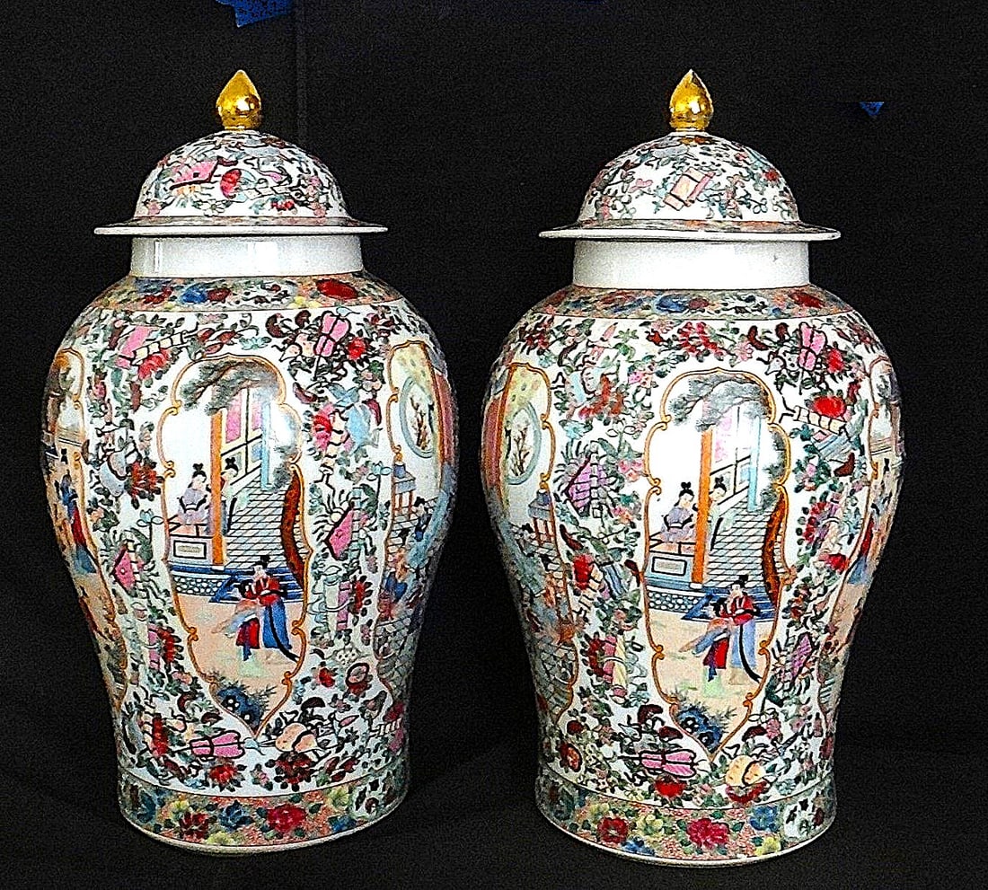 Pr. Large Chinese Porcelain Famille Rose Vases: Pair of Large Chinese Porcelain Famille Rose Vases with finely painted Cartouches of Ladies in Various Pursuits Surrounded by Floral Designs, Precious Objects & Butterflies. Late Qing/Republic period.